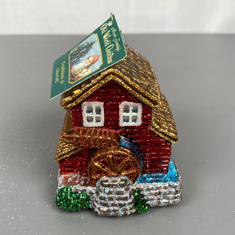NOS 2004 Old World Christmas Old Mill Glass Ornament Red Water Wheel House